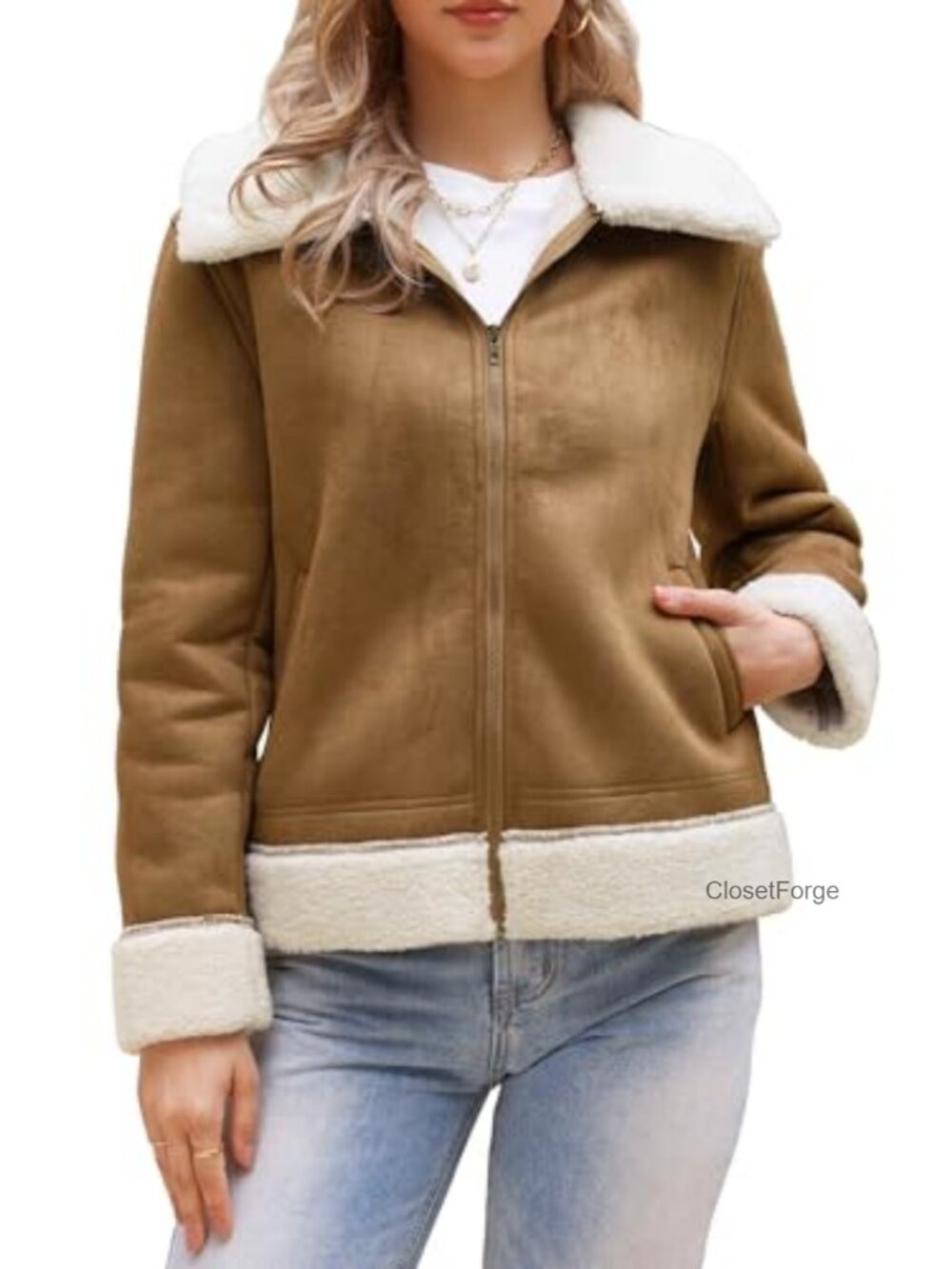 Faux Suede Moto Jacket Faux Fur Shearing Fleece Zip Up Coat